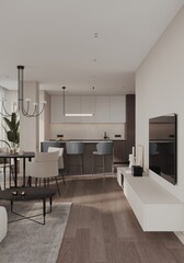 A 3d rendered illustration of a modern spacious kitchen with a free-standing kitchen island