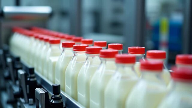 Efficient bottling process of milk in a dairy facility, highlighting the production line and packaging method
