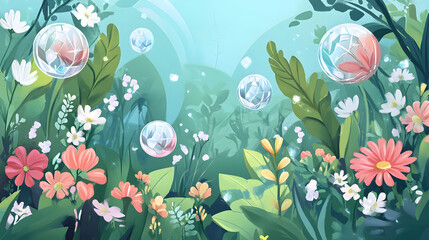 Magical garden scene with glowing orbs and vibrant blooms.
