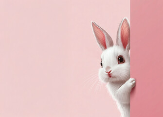 Fototapeta premium Easter concept: A blank horizontal rectangular banner with a pink background. On the right is a cute mini white rabbit looking in.