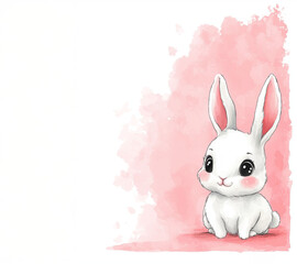 Easter concept: A cute mini white rabbit peeking from the bottom right corner. Isolated pastel pink background with copy space in the center.