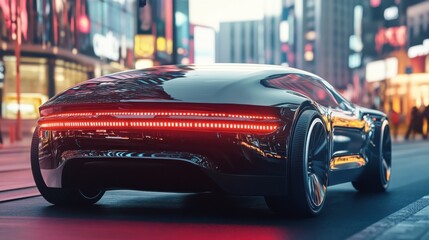 Concept of autonomous car sensor system for driverless-mode car control. Future adaptive cruise control capable of sensing nearby vehicles and pedestrians. Smart transportation technology.