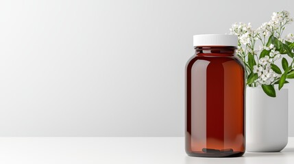 Brown Glass Jar with White Lid and Fresh Flowers Decoration
