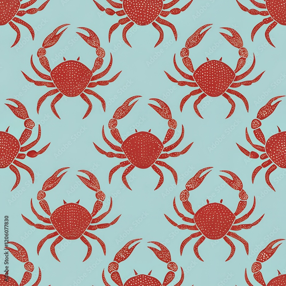 Poster red crabs pattern on light blue background with nautical theme, seamless pattern