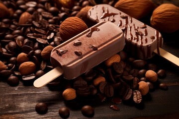 Realistic chocolate ice cream on sticks. Poster with bite choco popsicle with nuts. Sweet creamy dessert, dairy frozen summer food. Coffee and nuts. 