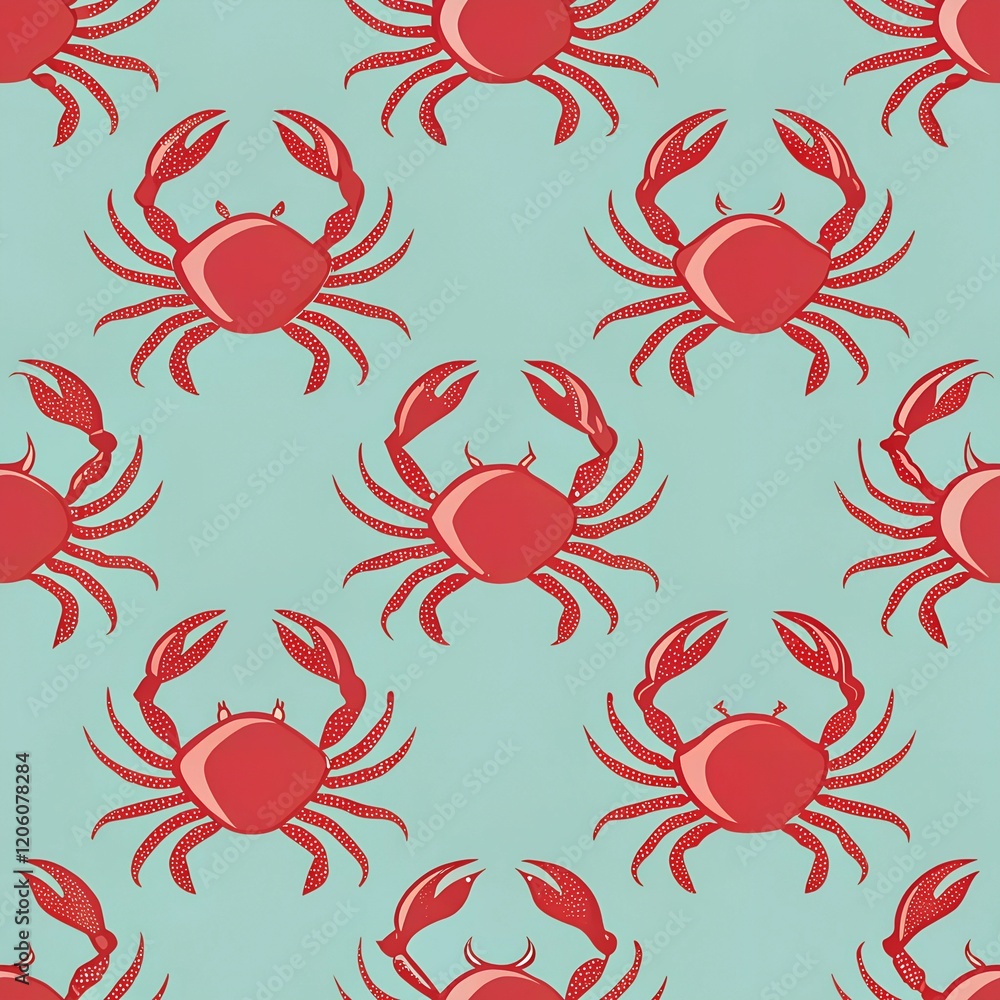 Poster red crab pattern on teal background with retro style graphics, seamless pattern