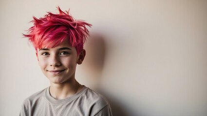 Fototapeta premium Young person with vibrant pink hair smiles against a neutral background while wearing a casual grey t-shirt