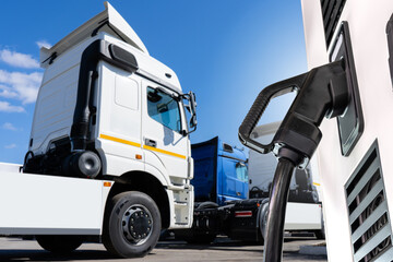 Electric vehicles charging station on a background of a trucks