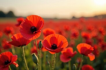 Red poppies in a poppies field. Remembrance or armistice day.