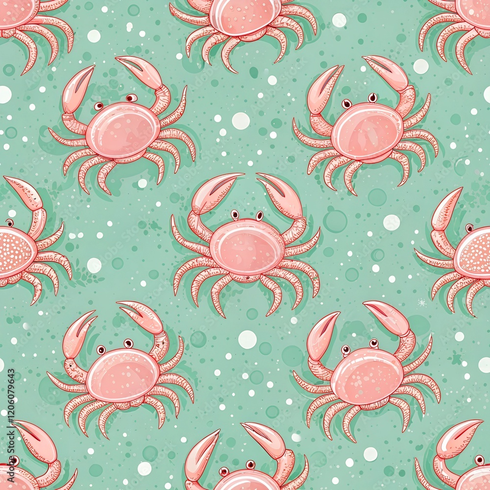 Poster seamless pattern of pink crabs on turquoise background with bubbles