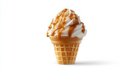Creamy Vanilla Ice Cream Cone Drizzled with Caramel Sauce