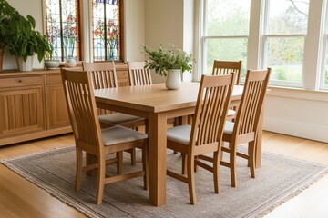 Wooden Dining Set with Stained Glass Windows.