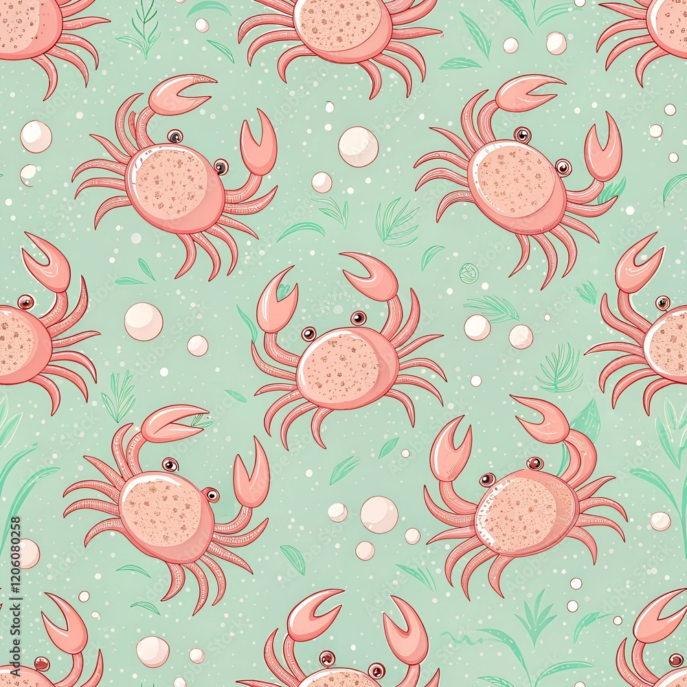 Poster seamless crab pattern with bubbles and seaweed on teal background