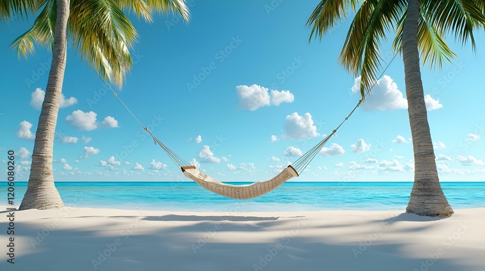 Poster hammock oasis, a serene hammock swaying gently between two palm trees, overlooking a tranquil beach 