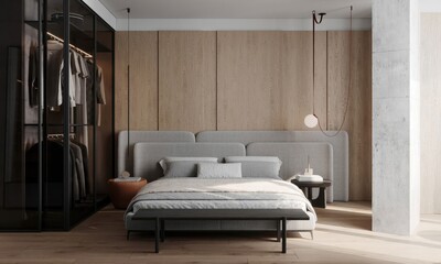 Corner view of bedroom interior bed with sheets, carpet on hardwood floor. Cozy relaxing space with glass wardrobe and plants near panoramic window. Mock up copy space empty wall. 3D rendering
