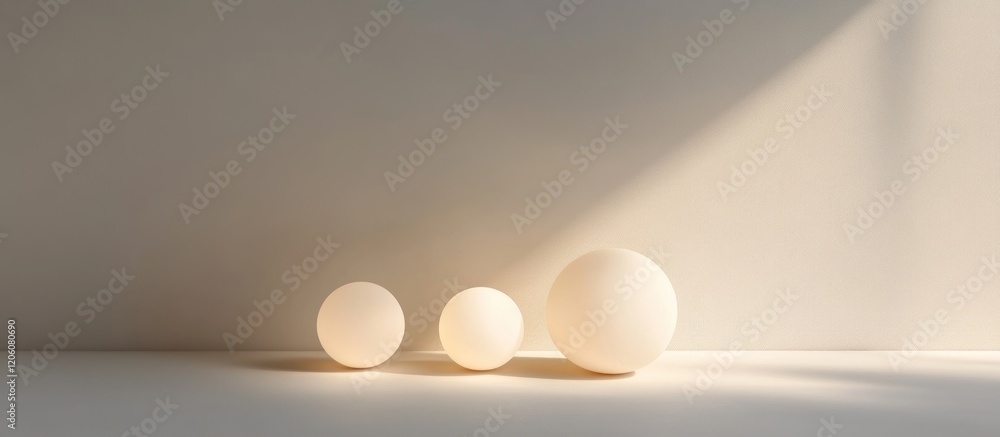 Aufkleber minimalistic white background with three floating spheres of different sizes, softly lit to create d