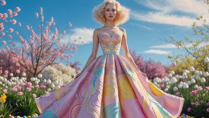 Fototapeta premium Elegant woman in pastel dress posing in a blooming garden during Easter season