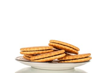 Several sweet delicious cookies on a ceramic saucer, close-up, isolated on a white background.