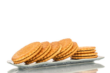 Several sweet delicious cookies on a ceramic saucer, close-up, isolated on a white background.