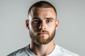 Portrait of soccer player with intense gaze wearing white shirt