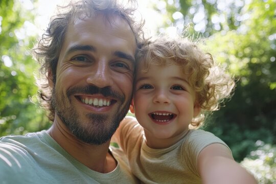 Happy father and son smiling together in nature, taking a selfie