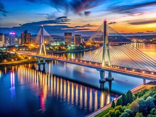 Obraz premium Krasnoyarsk Night Panorama: Illuminated Cable-Stayed Bridge and Cityscape