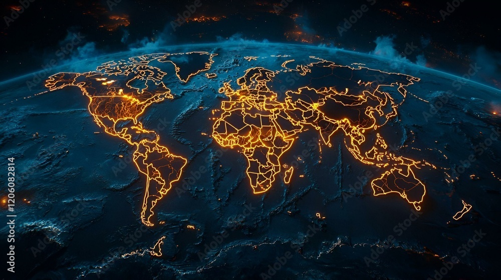 Poster global connectivity, a luminous map illustrating interconnected networks across continents, showcasi