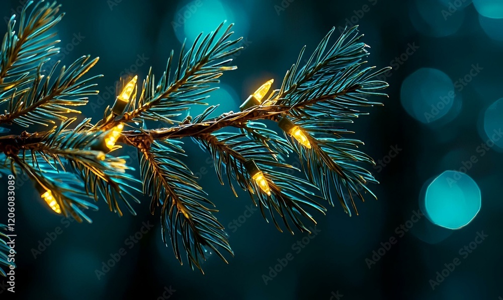 Poster glowing pine branch with fairy lights, a whimsical display of nature illuminated by enchanting light