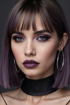 Beautiful beauty or fashion portrait of a girl with purple makeup purple hair on a solid color background