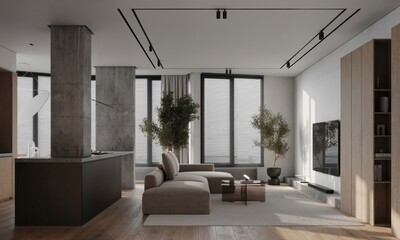 Stylish home interior with sofa, tv zone and panoramic windows in a modern living room.