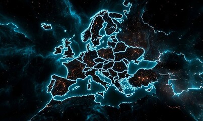 Illuminated European Map, a vibrant blue map showcasing key cities with bright highlights, emphasizing geographical connections and urban centers.