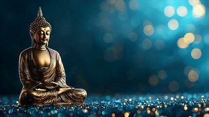 Glowing Bronze Buddha, a serene statue radiating tranquility, surrounded by lush greenery and soft, ambient light, inviting deep meditation.