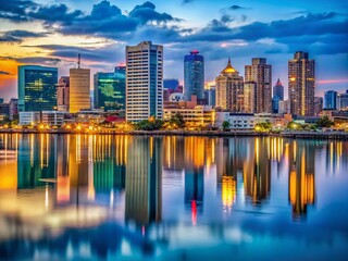 Fototapeta premium Lagos Skyline Night Photography: Vibrant Buildings, Blue Hour Reflections