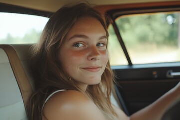 Fototapeta premium Young woman driving vintage car smiling at viewer on road trip