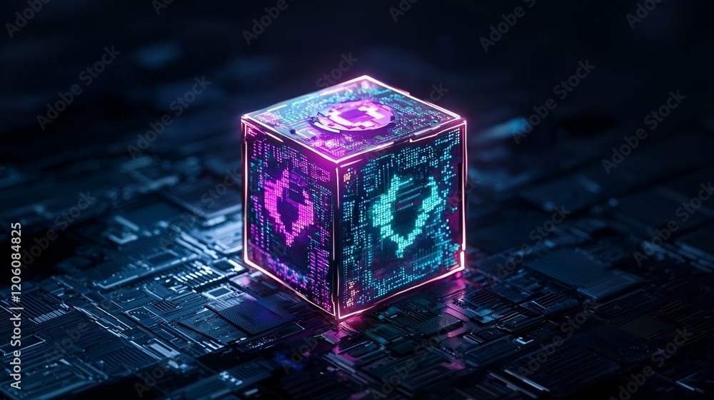 Poster illuminated data cube, a vibrant 3d structure showcasing layered data charts, symbolizing advanced a