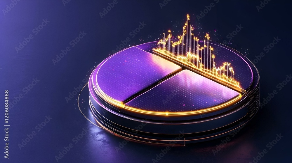 Poster futuristic data visualization, a luminous 3d pie chart displays dynamic information in a sleek, high
