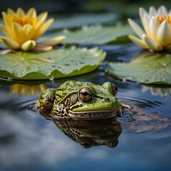 Obraz premium high quality photo of a frog on a lily pad in a pond with reflections.Cute green frog amphibian on a water lily.One frog floonets in one pond surrounded by lily poneds.