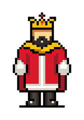 King in pixel style, 8 bit, 80s 90s old arcade game style, icon for game or mobile app, vector illustration