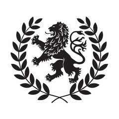 A flat silhouette of a lion surrounded by laurel leaves, symbolizing victory and prestige, black silhouette on a white background....