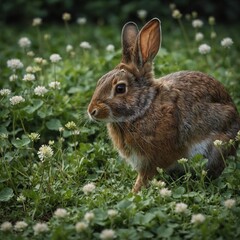 "A brown wild rabbit nibbling on fresh clover in a tranquil garden, its fur blending perfectly with the earthy tones of the surrounding greenery and scattered flowers."