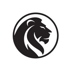 A flat silhouette of a lion’s profile inside a circle, with minimal detailing for a sleek logo, black silhouette on a white background....
