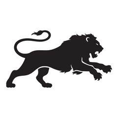 A flat silhouette of a lion in mid-pounce, with its body curved and claws reaching forward, black silhouette on a white background....