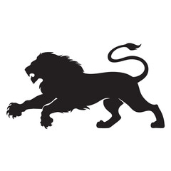 A flat silhouette of a lion in mid-pounce, with its body curved and claws reaching forward, black silhouette on a white background....