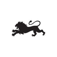 Obraz premium A flat silhouette of a lion in mid-pounce, with its body curved and claws reaching forward, black silhouette on a white background....