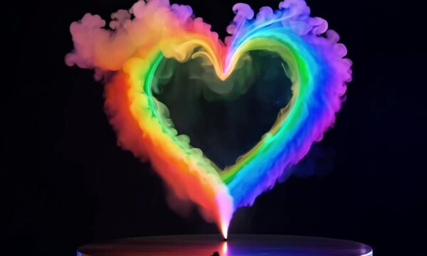 swirling rainbow smoke creating a heart shape on dark background
