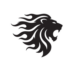 A flat silhouette of a lion roaring with flames incorporated into its mane for a dynamic and bold logo, black silhouette on a white background....