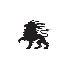 A flat silhouette of a lion roaring with flames incorporated into its mane for a dynamic and bold logo, black silhouette on a white background....