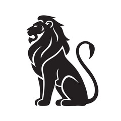 A flat silhouette of a lion sitting upright with its tail curled around, exuding elegance and authority, black silhouette on a white background....