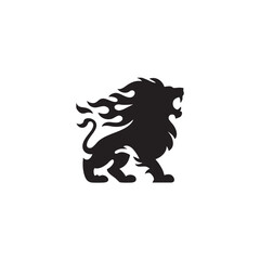 A flat silhouette of a lion roaring with flames incorporated into its mane for a dynamic and bold logo, black silhouette on a white background....