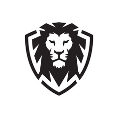 A flat silhouette of a lion’s face emerging from within a shield, combining strength and protection for a logo design, black silhouette on a white background....